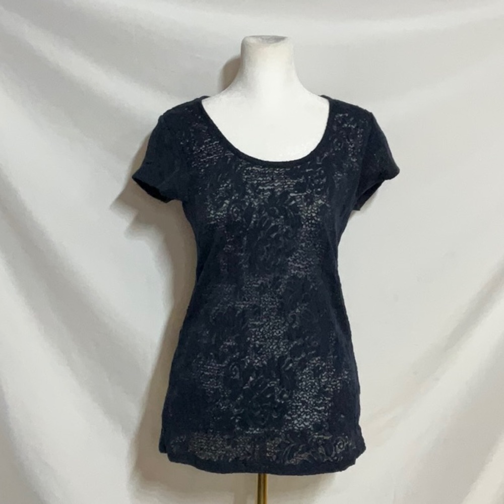 Ann Taylor Navy Blue Fitted Scoop Neck Lace Tee